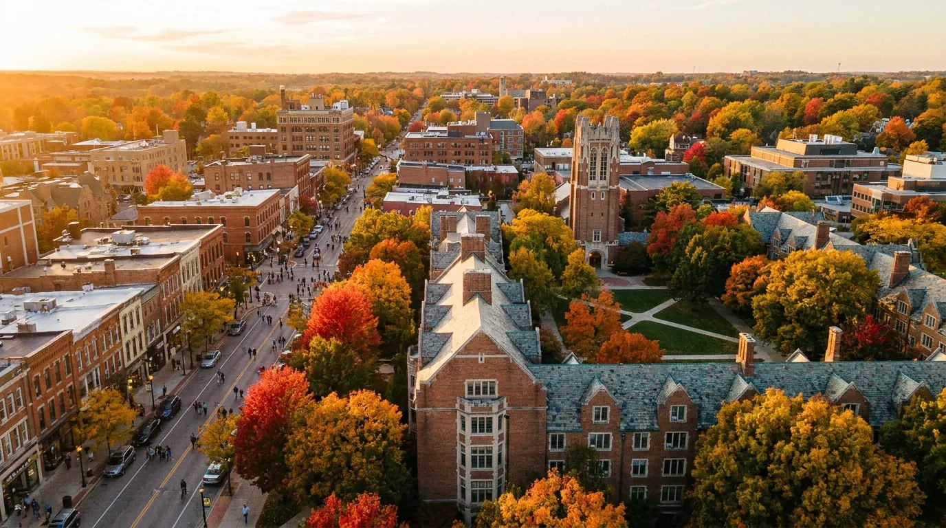 Ann Arbor's downtown and University of Michigan campus in autumn