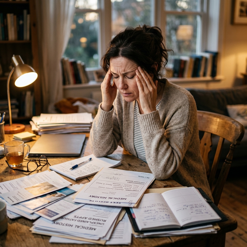 A relatable woman in her 40s looking exhausted and overwhelmed while reviewing medical paperwork