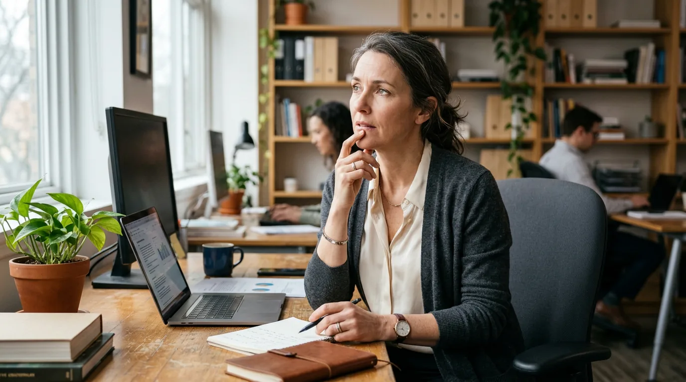 Woman in Michigan experiencing perimenopause brain fog at work, pausing thoughtfully at her desk