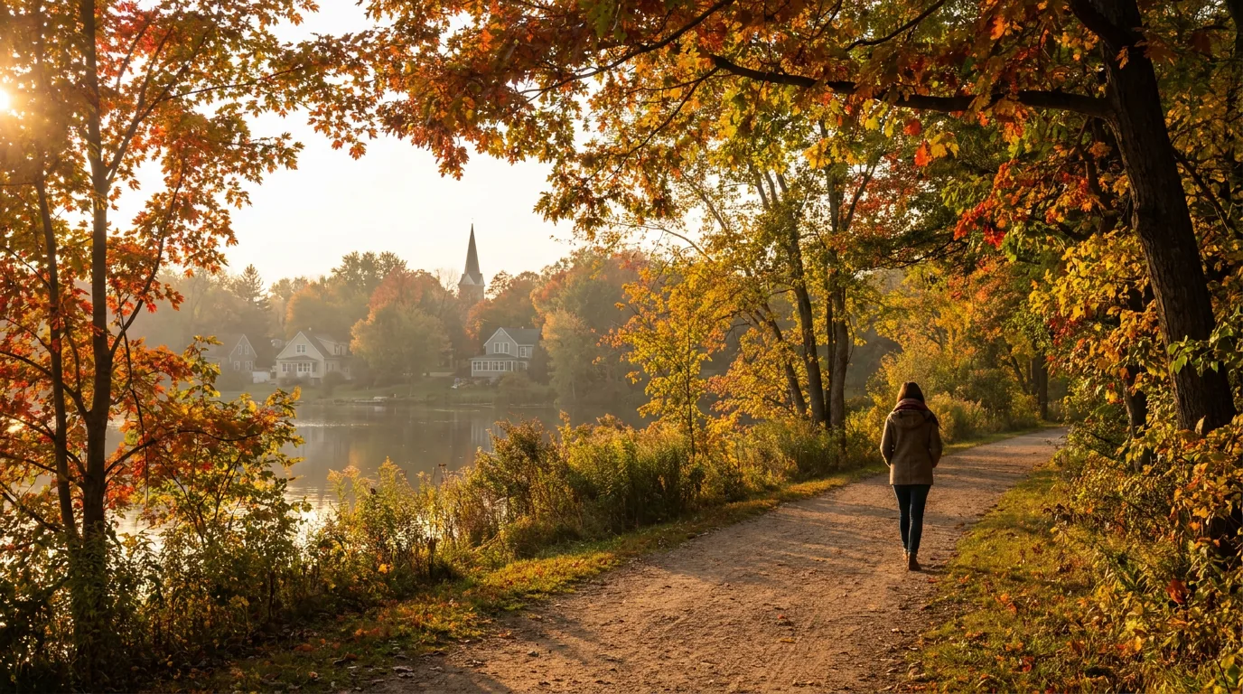 Peaceful Michigan or Wisconsin autumn lakeside path representing calm, restorative support for brain fog