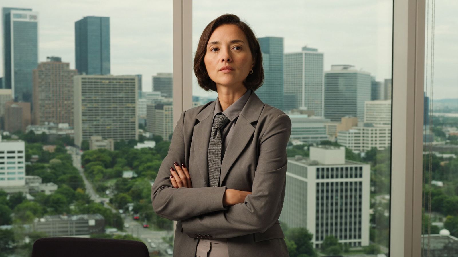 Composed professional woman standing in a bright downtown Milwaukee office, looking out over the skyline with a thoughtful, weary expression