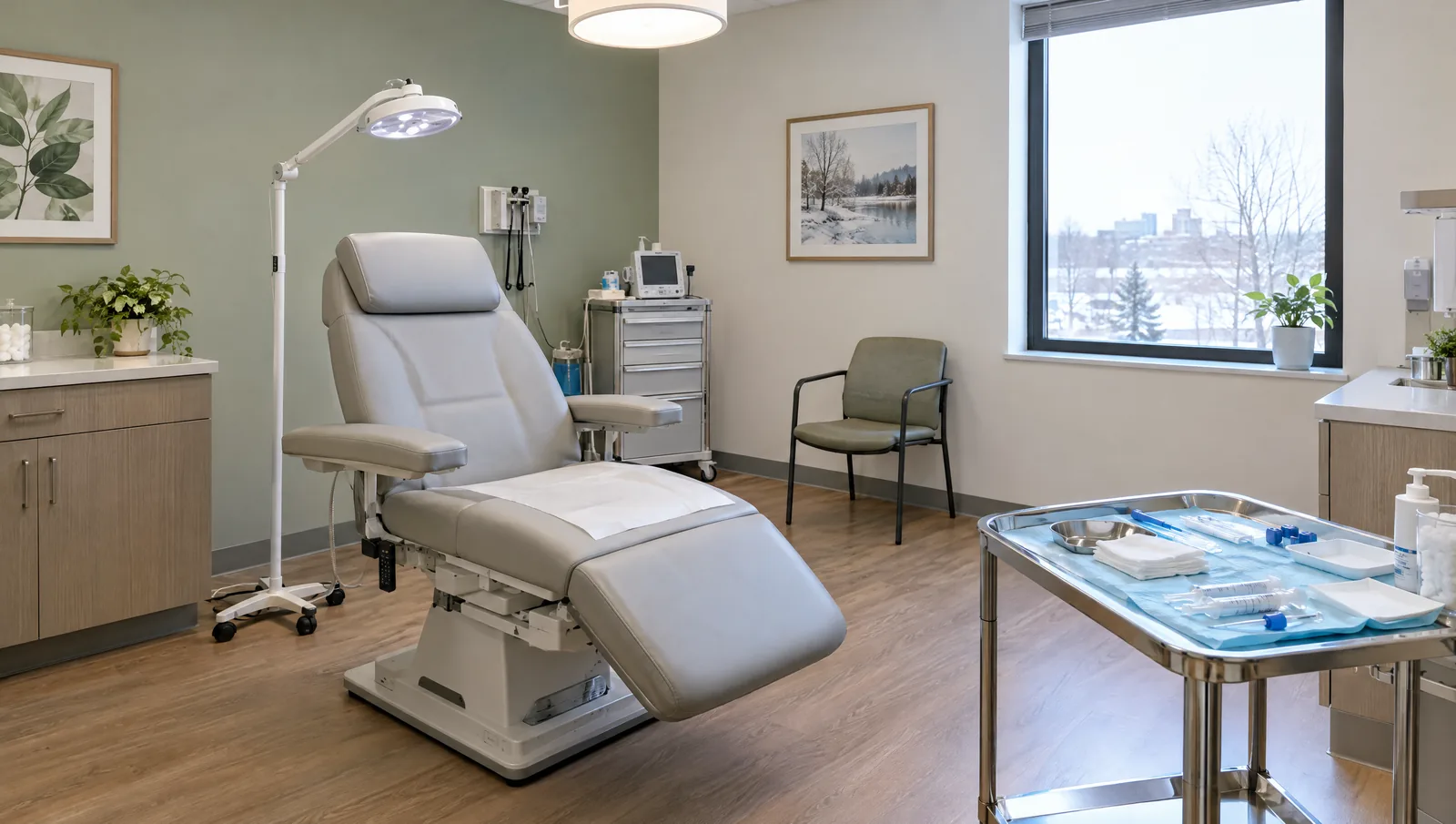 Calm, modern outpatient procedure room with a padded treatment chair, soft lighting, and a window with winter light