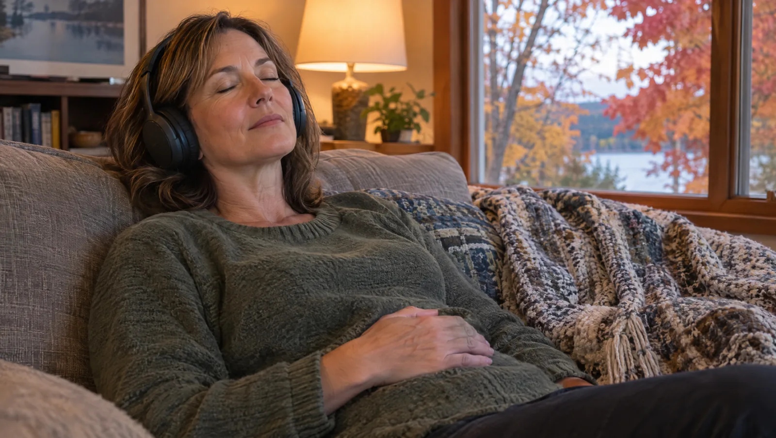 Woman on a living room sofa in a Michigan home wearing headphones with eyes closed and one hand on her abdomen, practicing guided relaxation on an autumn evening