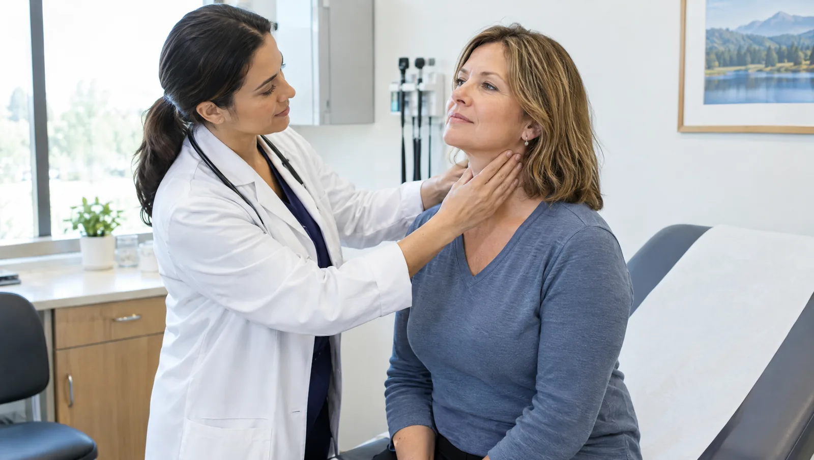 Female clinician gently examining the neck of a woman in her late 40s in a bright primary care exam room