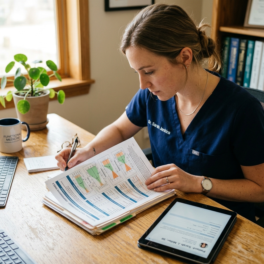 Female healthcare provider carefully reviewing detailed lab results on a wooden desk