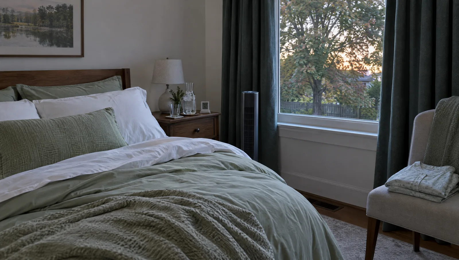 Cool, well-prepared Midwest bedroom with layered sage cotton bedding, a tower fan, a carafe of ice water on the nightstand, and a folded spare nightgown on a chair