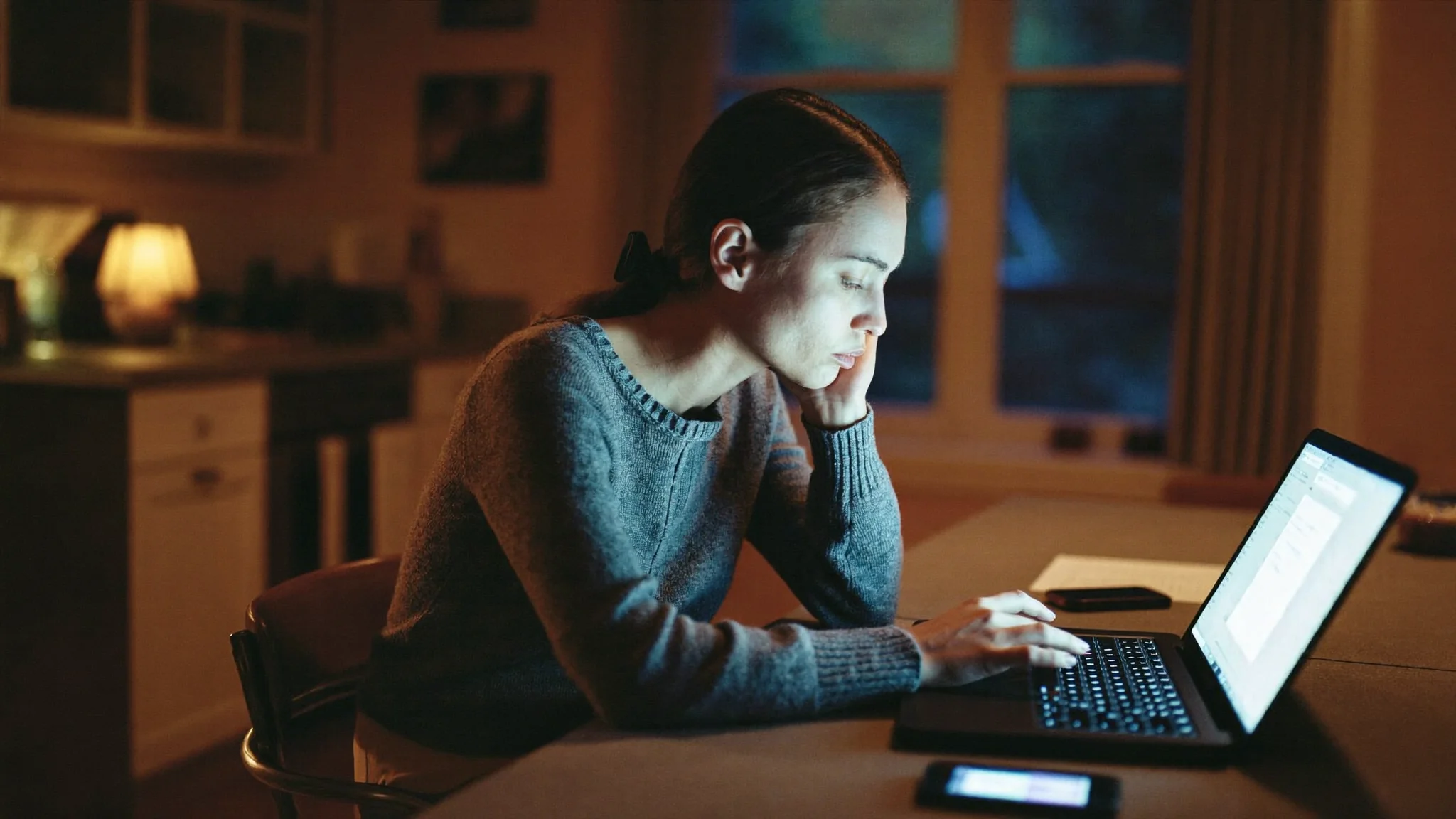 Overwhelmed professional woman in Michigan feeling wired but exhausted, sitting at her kitchen table late at night