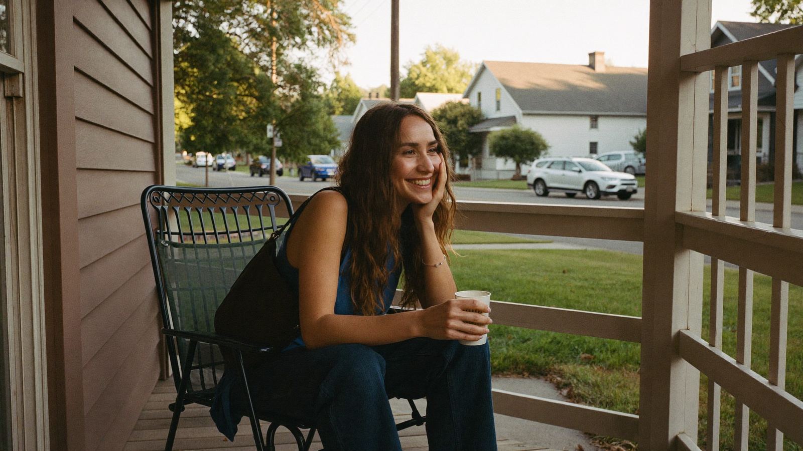 Relaxed, genuinely smiling woman sitting on a porch in a Michigan neighborhood in late afternoon light, calm and at ease