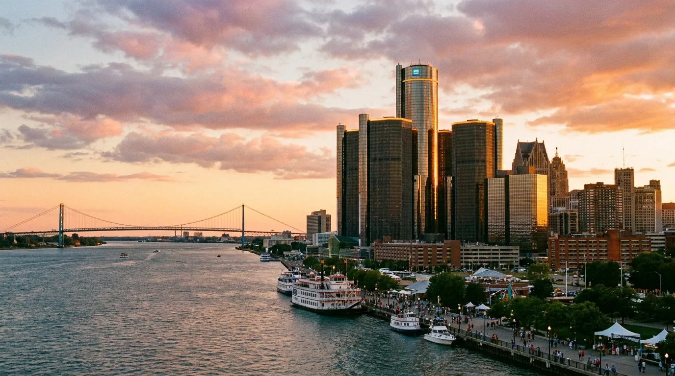 Detroit skyline along the riverfront with the Renaissance Center