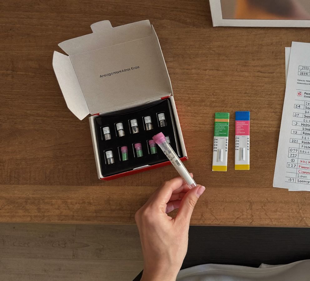 At-home hormone test kit on a kitchen counter with saliva collection tubes, used to map the cortisol curve across a full day