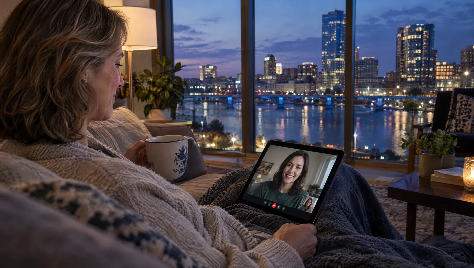 Woman in her early 50s on a sofa in a Grand Rapids apartment at dusk with a tablet showing a welcoming video call and city lights beyond the window