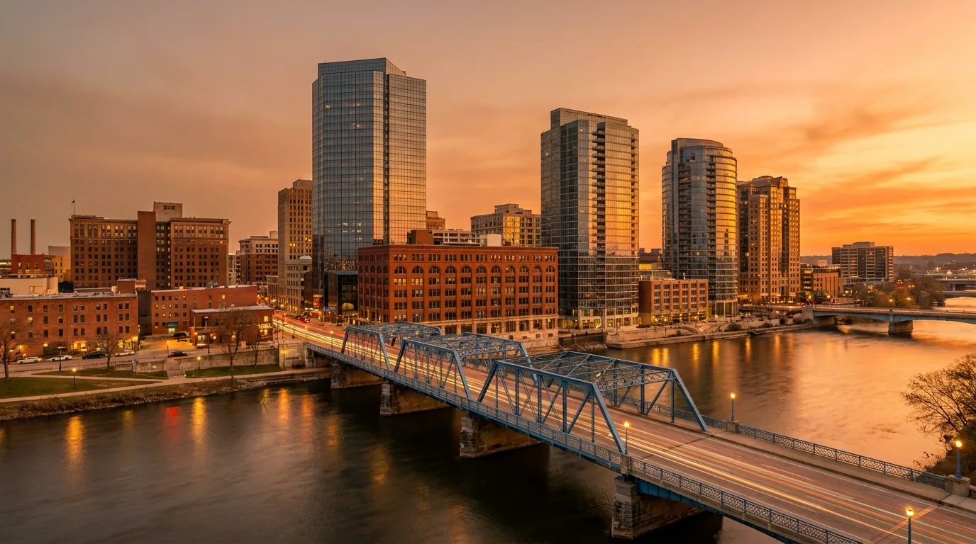 Grand Rapids skyline and the Blue Bridge over the Grand River at sunset
