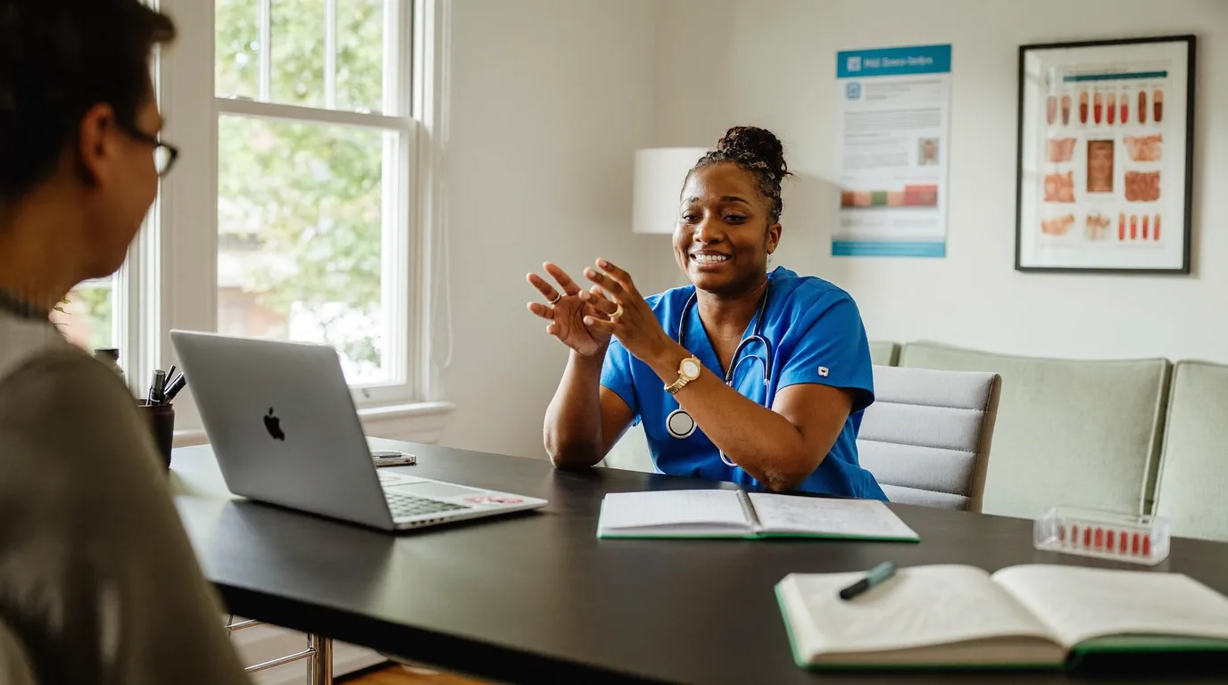 Nurse practitioner reviewing gut health lab results with a patient over a telehealth video visit
