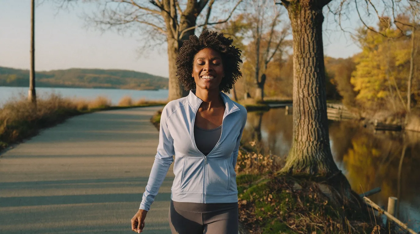 Relieved woman walking along a Wisconsin lakeshore at sunrise after finally understanding her gut and hormone symptoms