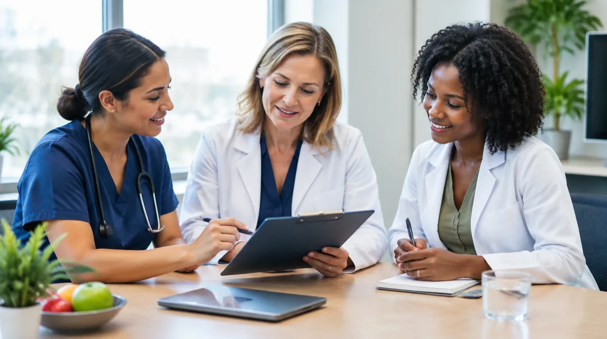 Nurse practitioner, dermatologist, and dietitian collaborating as a hair loss care team