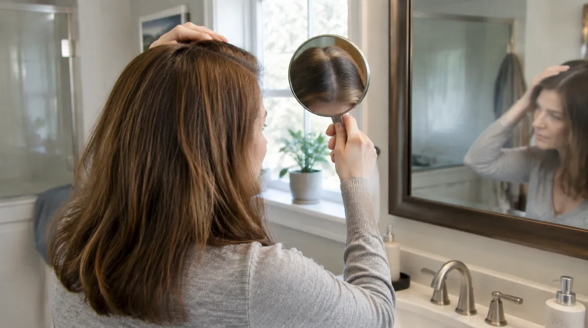 Michigan woman using a handheld mirror to check her part line and tell shedding from thinning