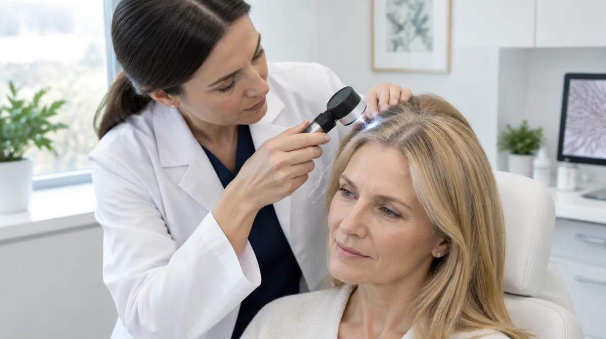Dermatologist examining the part line of a woman in her late 40s with a dermatoscope in a Michigan clinic exam room