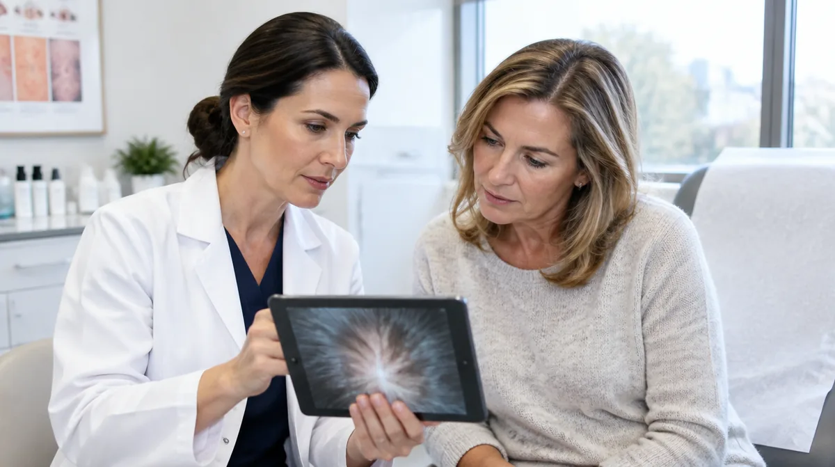 Dermatologist and patient reviewing a scalp photo on a tablet during an urgent hair loss evaluation