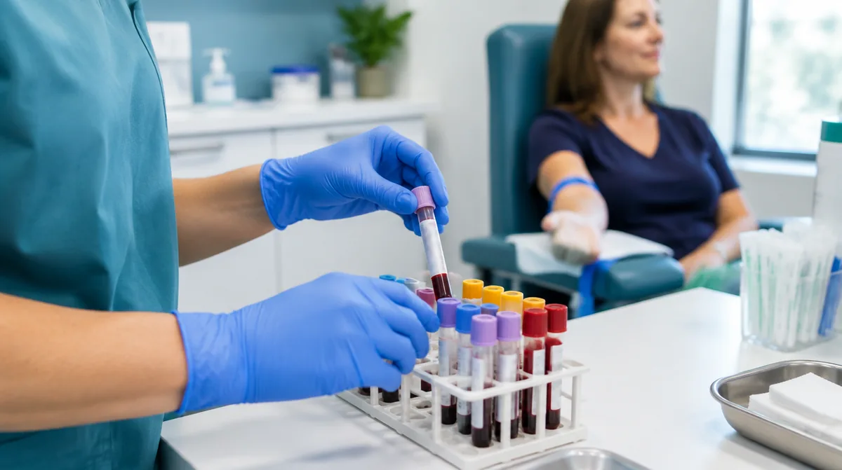 Phlebotomist preparing blood tubes at a lab draw station while a Michigan woman waits, for ferritin, vitamin D, and thyroid testing