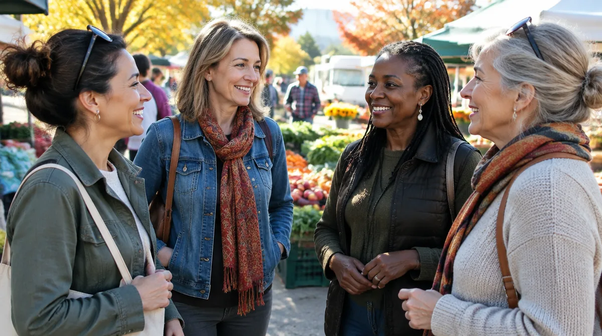 Four women of different ages and backgrounds chatting at a Midwest farmers market, representing four different hair loss stories