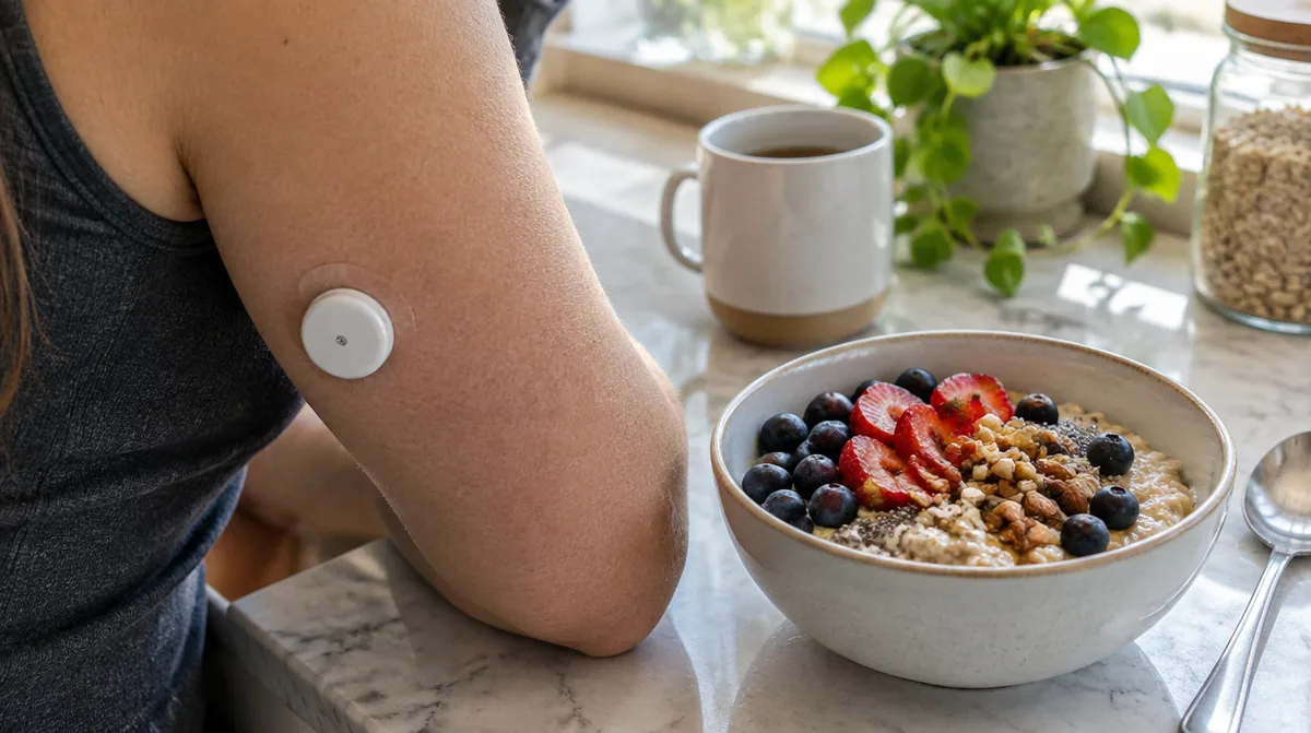 Forearm with a continuous glucose monitor beside a balanced breakfast bowl, illustrating insulin resistance and blood sugar in hair loss