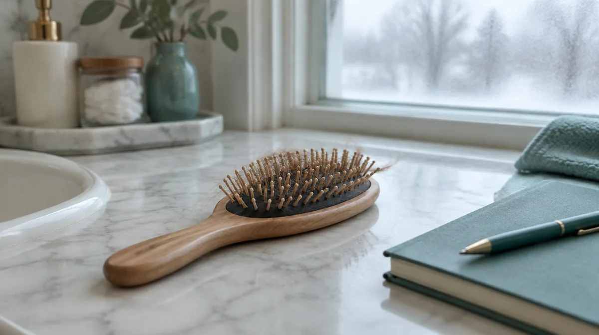 Hairbrush on a bathroom vanity beside a notebook on a winter morning in Michigan, symbolizing noticing hair shedding and starting to track it