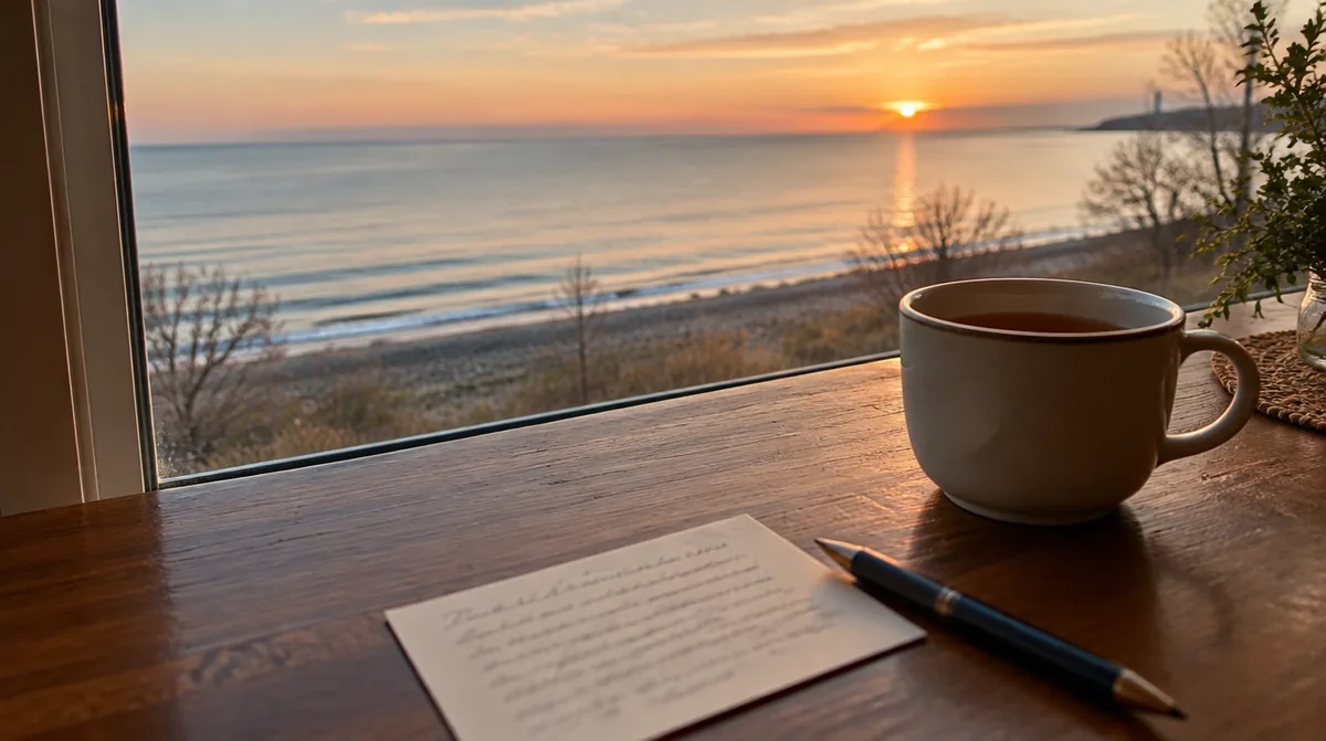 Handwritten note card and tea beside a window overlooking a Lake Michigan sunrise