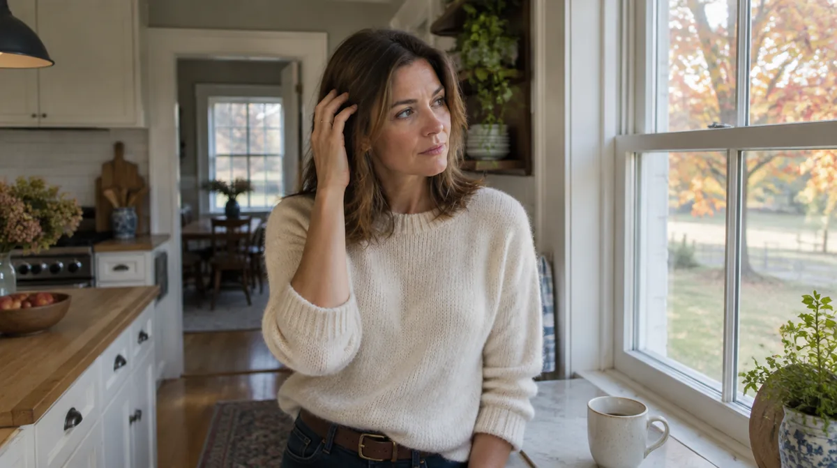 Woman in her mid 40s in a bright Michigan kitchen gently touching her hair at the temple while thoughtfully looking out the window on an autumn morning