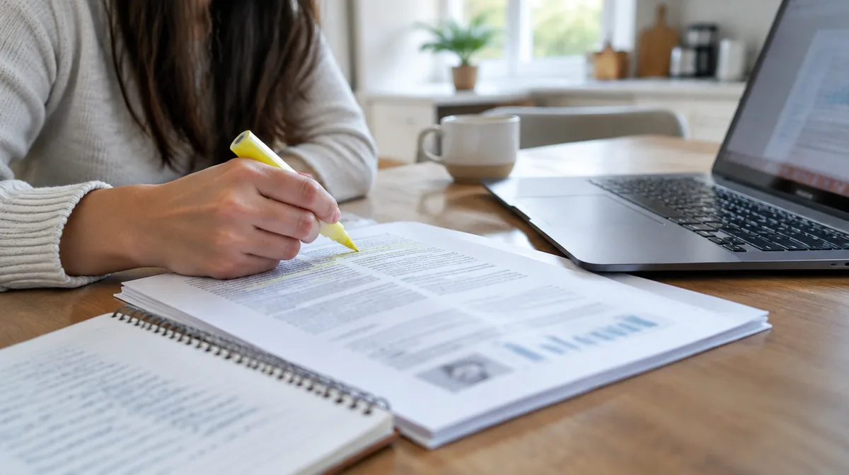 Woman highlighting a printed lab report beside a laptop to understand ferritin, vitamin D, and thyroid results