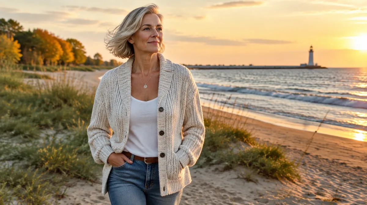 Confident Michigan woman in her early 50s walking on a Lake Michigan beach at sunset, embracing her natural hair at midlife