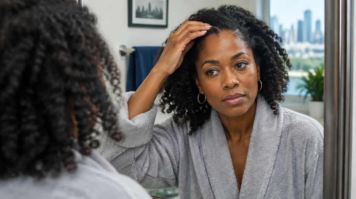 Black woman in her mid 40s examining her hairline at a bathroom mirror in a Detroit-area home, illustrating early scalp evaluation for central hair thinning
