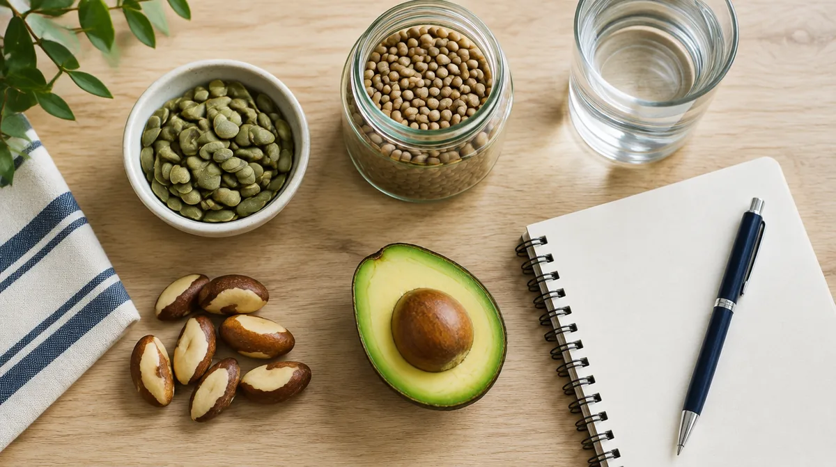 Flat lay of pumpkin seeds, Brazil nuts, avocado, lentils, and a notebook illustrating nutrient sources and careful supplement tracking for hair health
