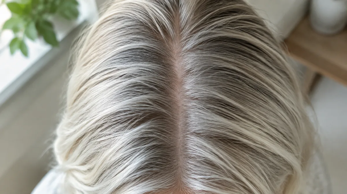 Overhead view of a widening central part line and crown in silver-blonde hair, typical of female pattern hair loss