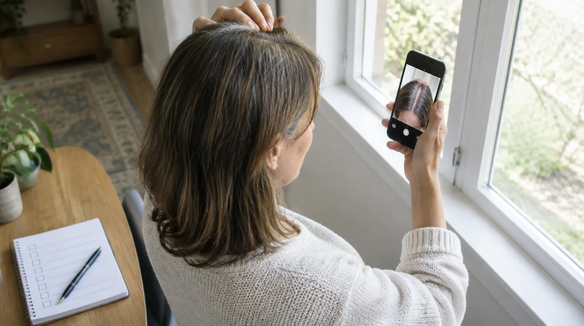 Woman photographing her own hair part by a bright window to prepare for a hair loss evaluation
