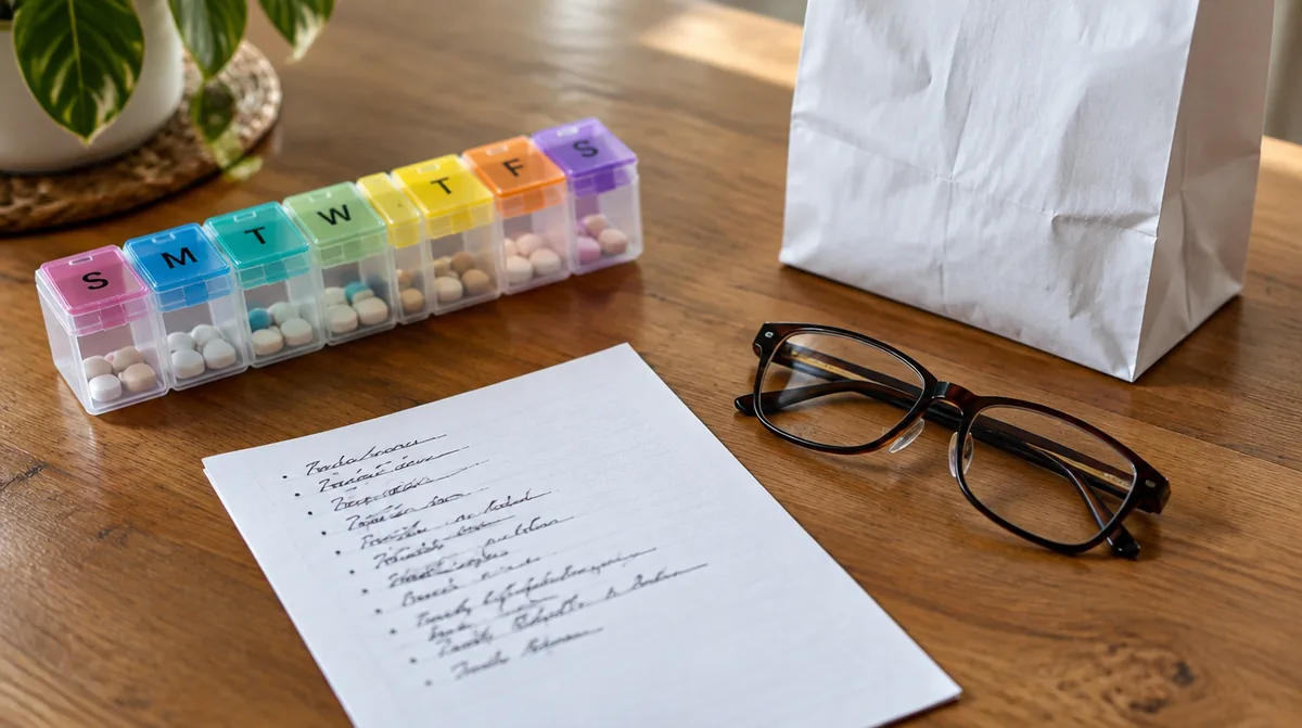 Pill organizer, handwritten medication list, and reading glasses for reviewing medications that can affect hair