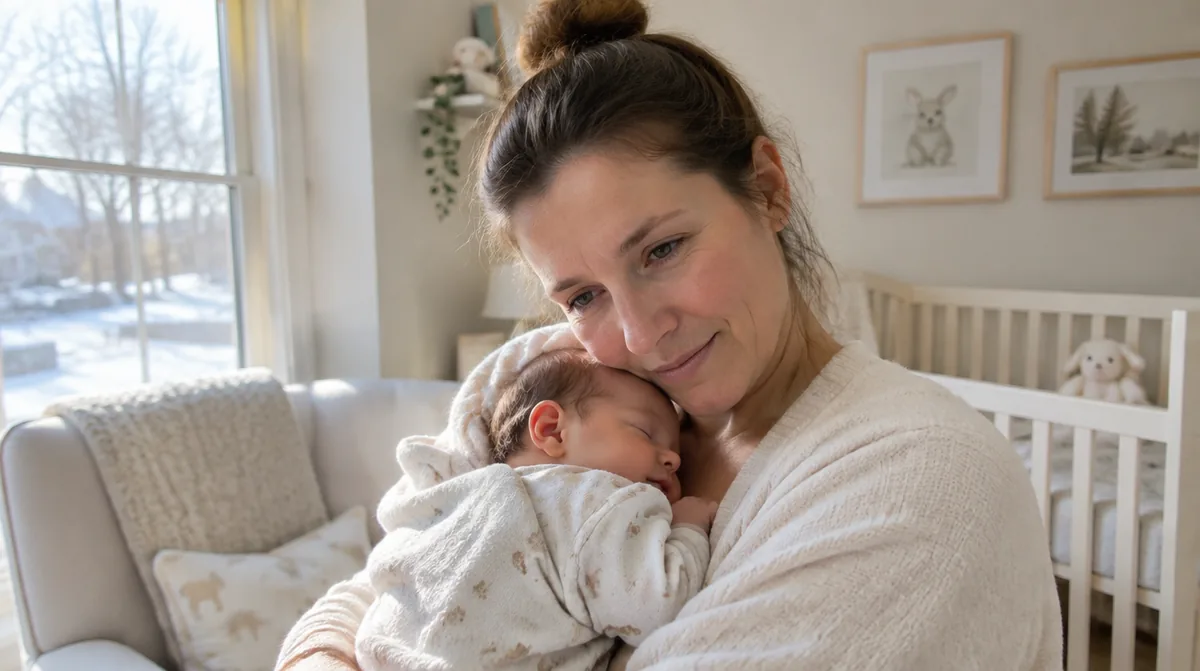 Mother holding her newborn in a Michigan nursery, illustrating postpartum hair shedding and recovery
