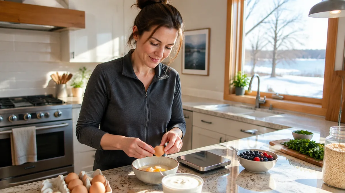 Woman preparing a protein-rich breakfast in a Michigan kitchen, a key habit for preventing GLP-1 related hair shedding
