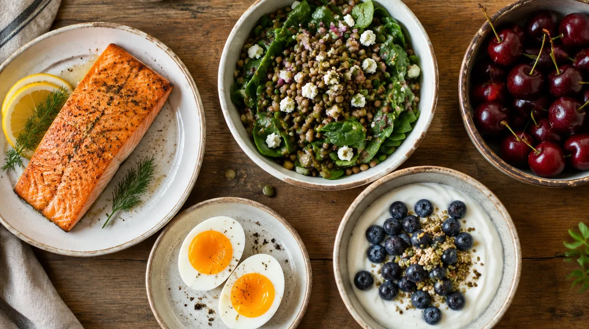 Protein-rich Midwest meal of salmon, eggs, lentils, Greek yogurt, and Michigan cherries to support hair health