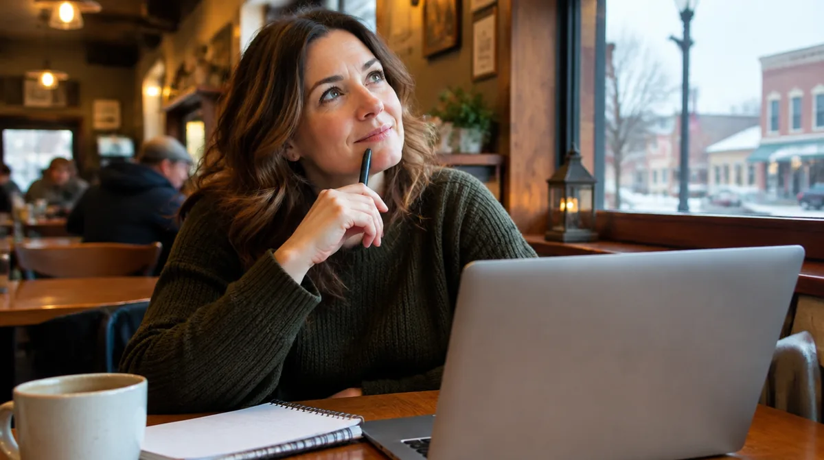 Curious woman with a notepad and laptop in a small Wisconsin coffee shop, representing common hair loss questions