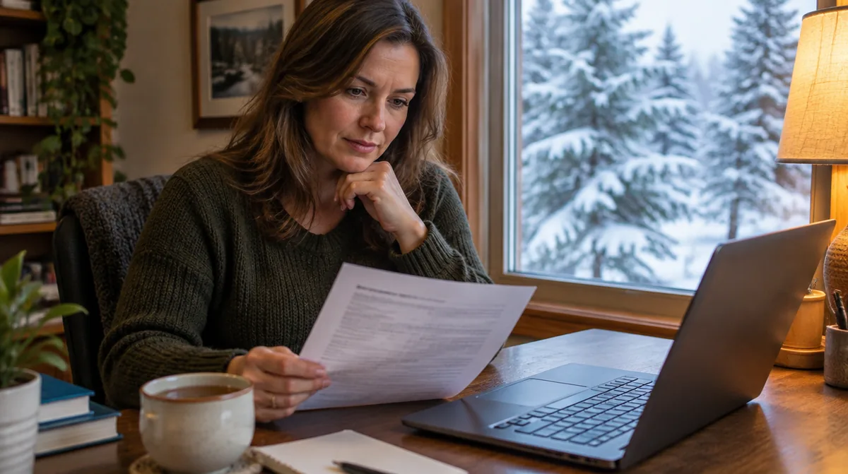Wisconsin woman reviewing printed lab results beside her laptop on a snowy afternoon while planning a hair loss evaluation