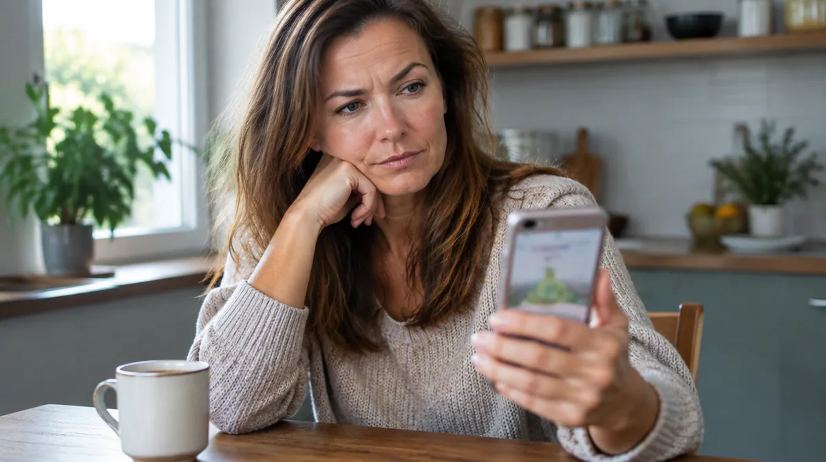 Woman looking skeptically at her phone while evaluating hair loss myths and supplement claims