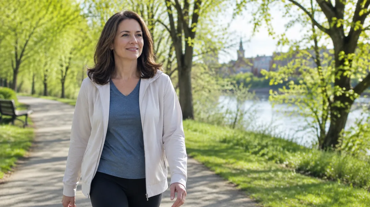 Woman walking a Wisconsin park path in spring with new green leaves, representing gradual hair recovery over twelve months