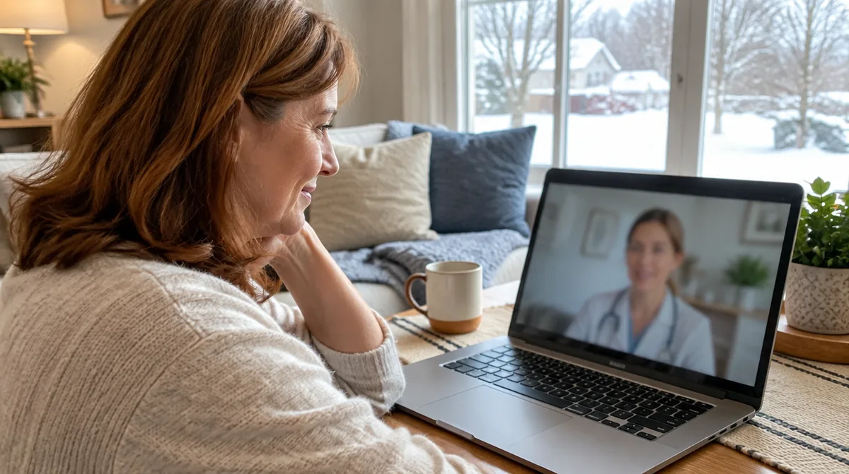 Michigan woman in her late 40s on a telehealth video visit with a nurse practitioner about hair loss during a snowy afternoon