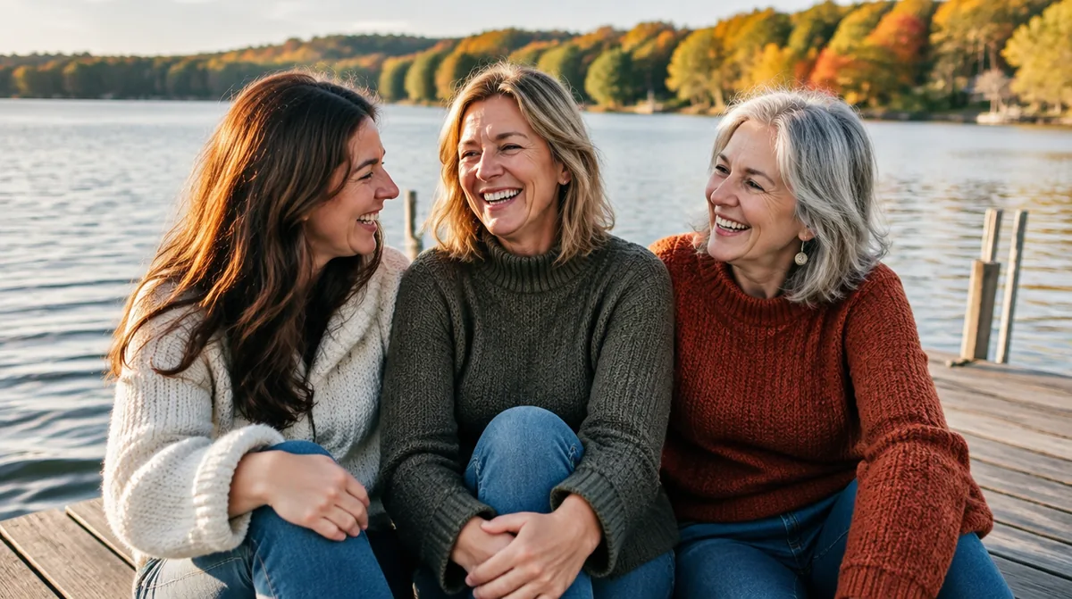 Three women in their 30s, 40s, and 50s laughing together on a Wisconsin lake dock in autumn, representing hair changes across life stages