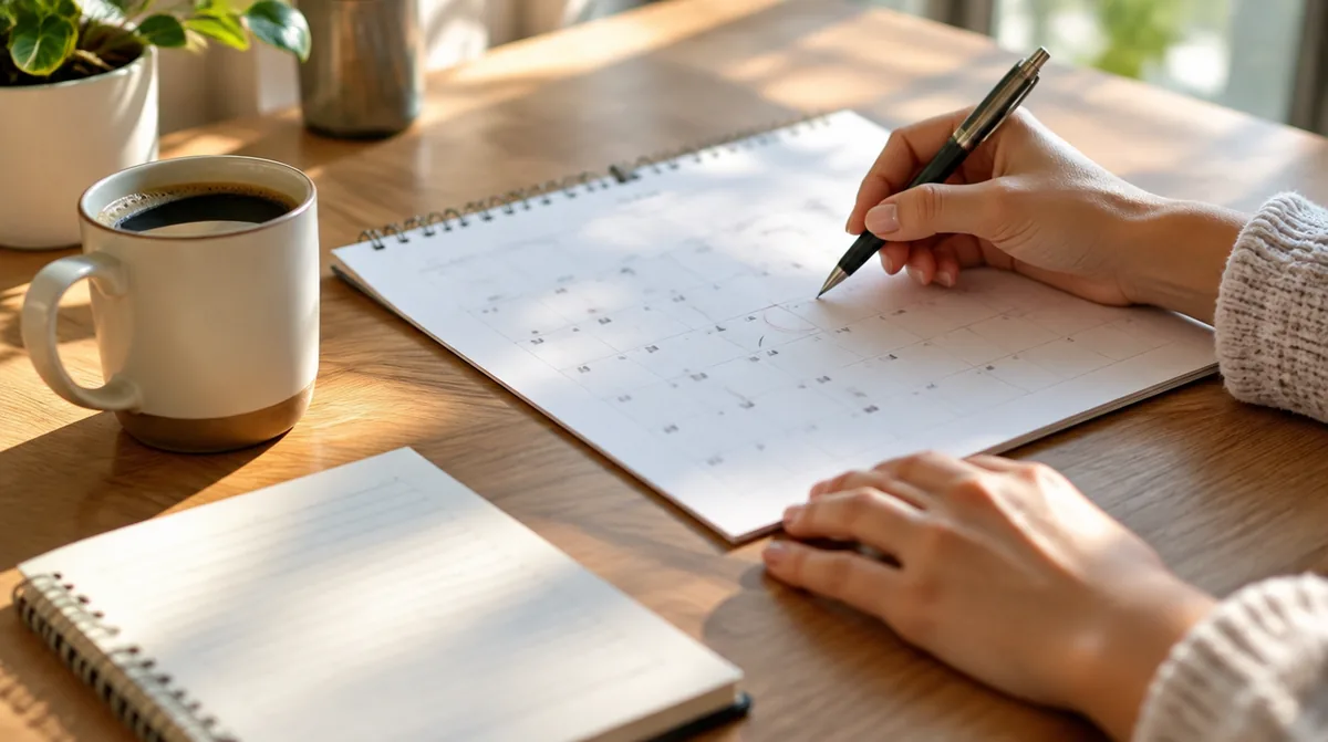 Woman marking a wall calendar to track the timeline of triggers before a telogen effluvium shedding episode