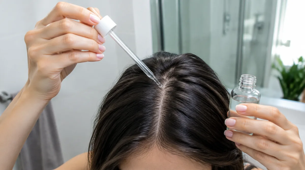 Applying a clear topical scalp treatment along the hair part with a dropper