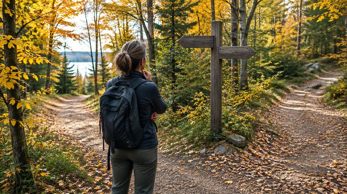 Woman at a fork in a northern Michigan forest trail deciding which path to take, symbolizing choosing a first step for hair loss