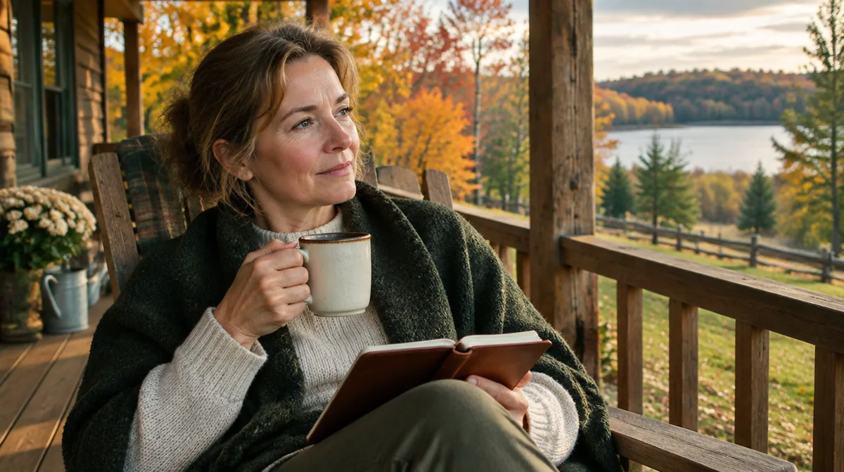 Woman in her late 40s on a rural Wisconsin porch in autumn reflecting on midlife hormonal changes and thinning hair