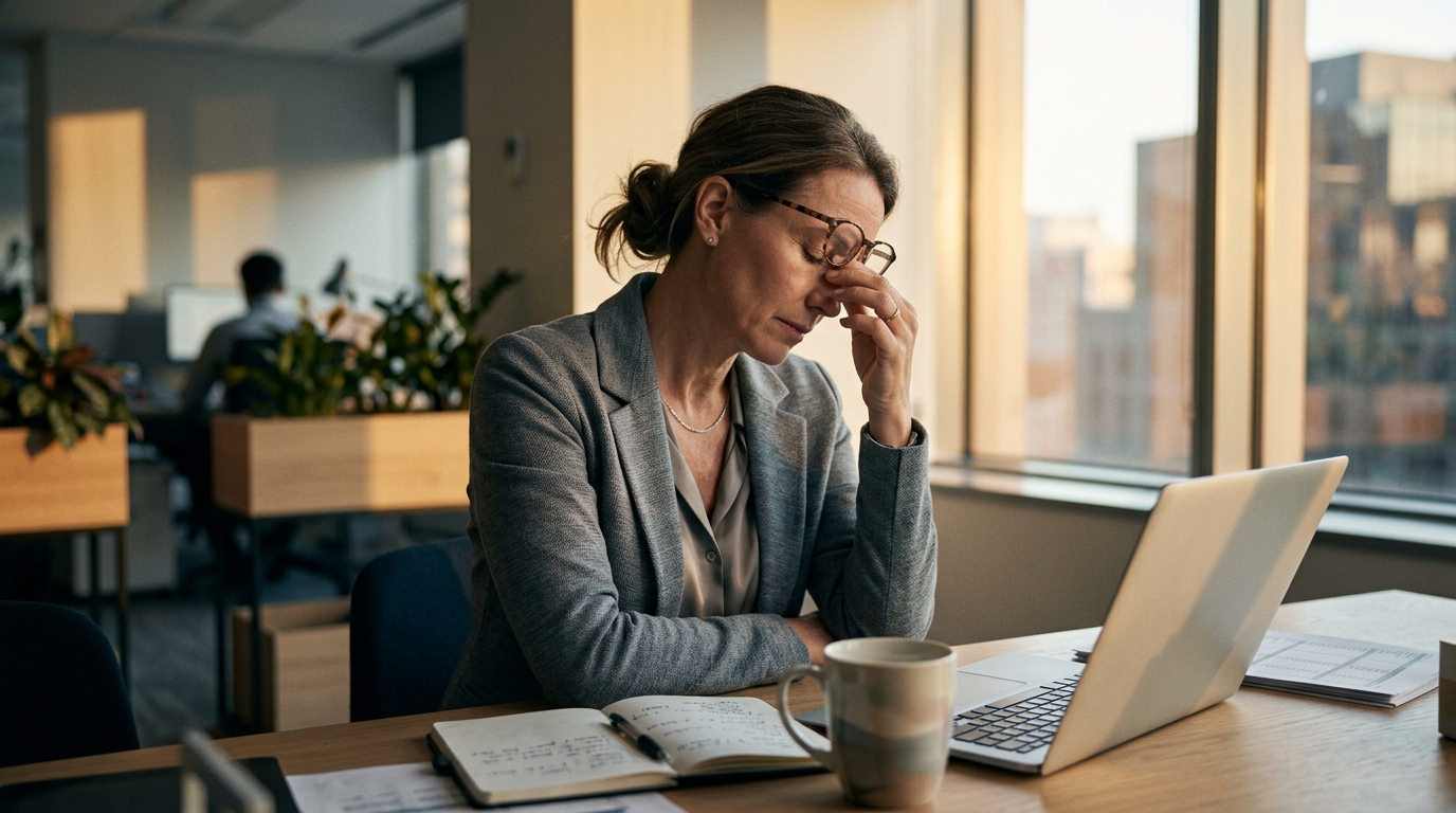 Professional woman experiencing afternoon fatigue at her desk
