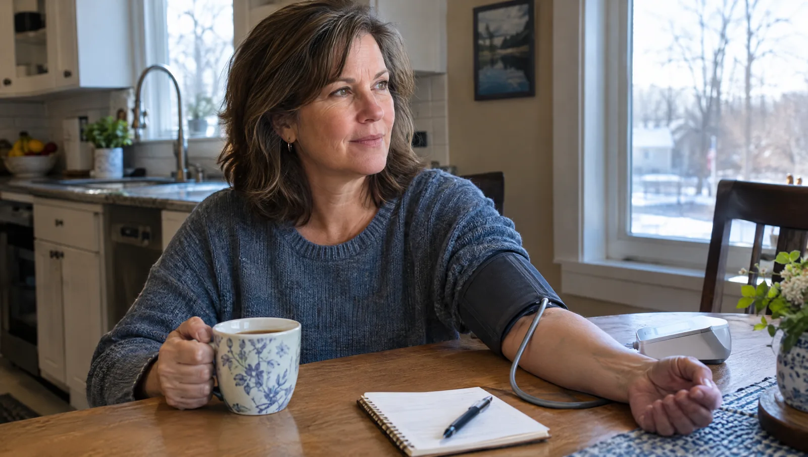 Woman in her early 50s at a Michigan kitchen table taking her blood pressure at home with a notebook and coffee beside her
